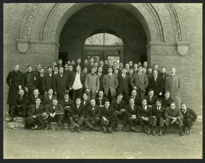 [Group Portrait of Young Men on Steps of Billings Library]