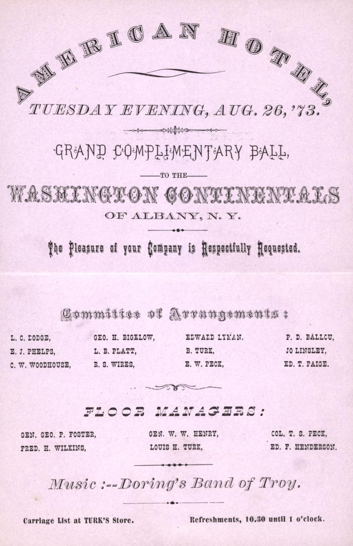 [Invitation to the Grand Complimentary Ball to the Washington Continentals]